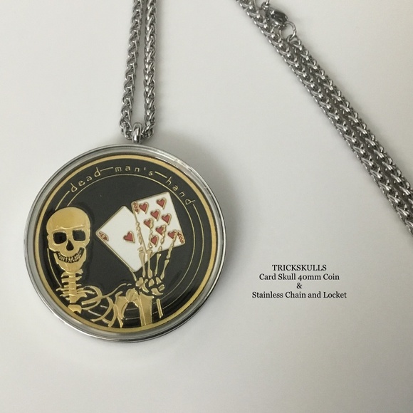 Card Guard Skeleton Skull Enamel Coin Stainless Locket 45-60cm Wheat Link Chain - Picture 3 of 9